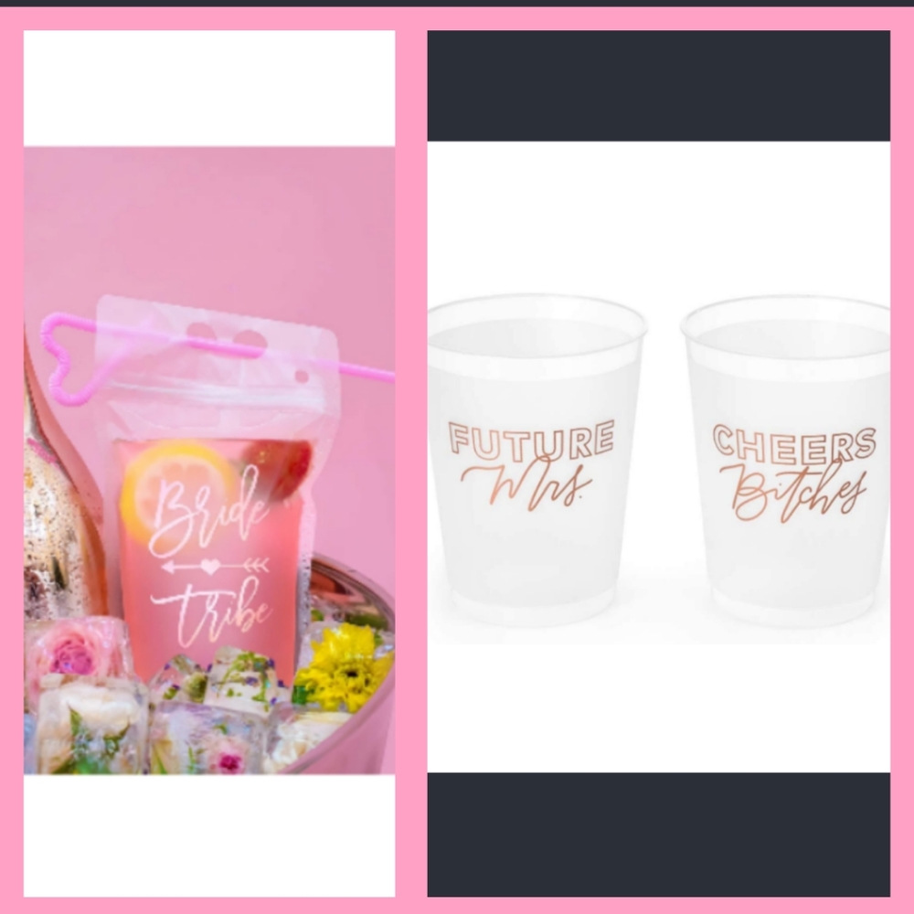 Bridal Cups x6 / Drink Pouches w/straws x6